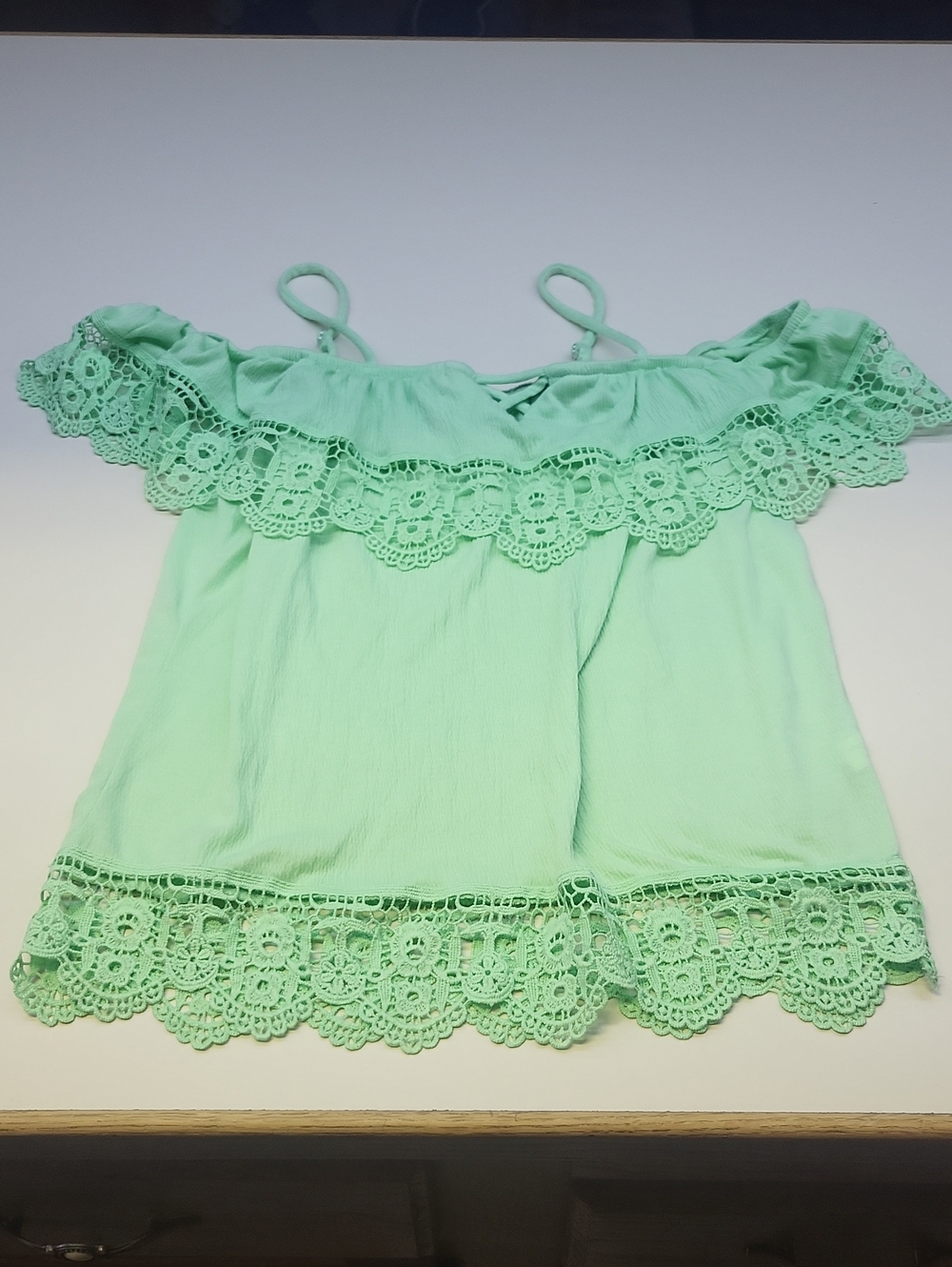 *No Boundaries Mint Off-Shoulder Crochet Trim Camisole